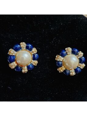 Vintage Gay Boyer Faux Pearl, Enamel and Crystal Clip-on Earrings